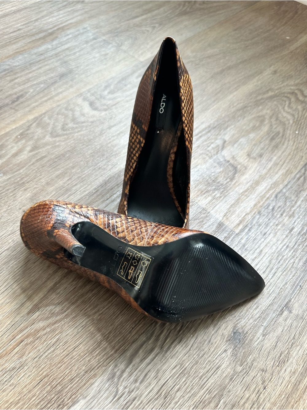 Aldo Snakeskin Print Pointed Toe Stiletto Heels Women’s Size 7.5 Brown Pumps - Picture 7 of 12